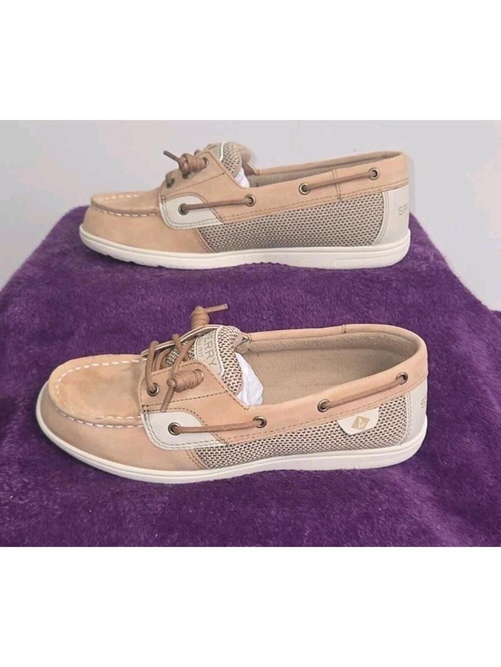 Kid's Sperry SP Shoresider 3 Eye Linen Boat Shoes Tan Woven Unisex Size 3.5